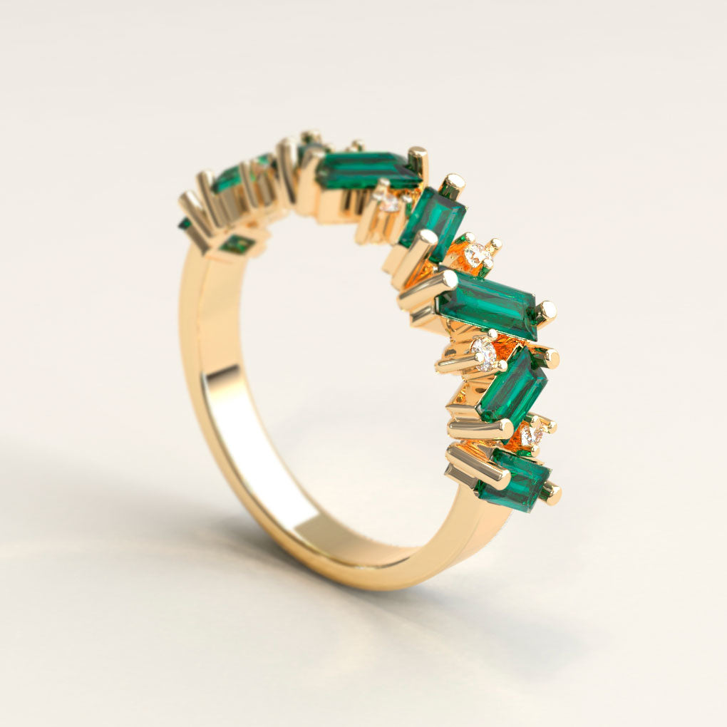18k Gold with Baguette Emeralds and Diamonds Ring