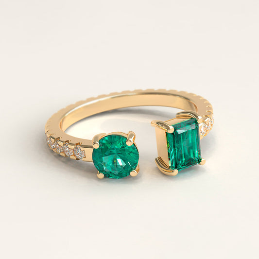 18K Yellow Gold Colombian Square and Round Emerald Cocktail Ring