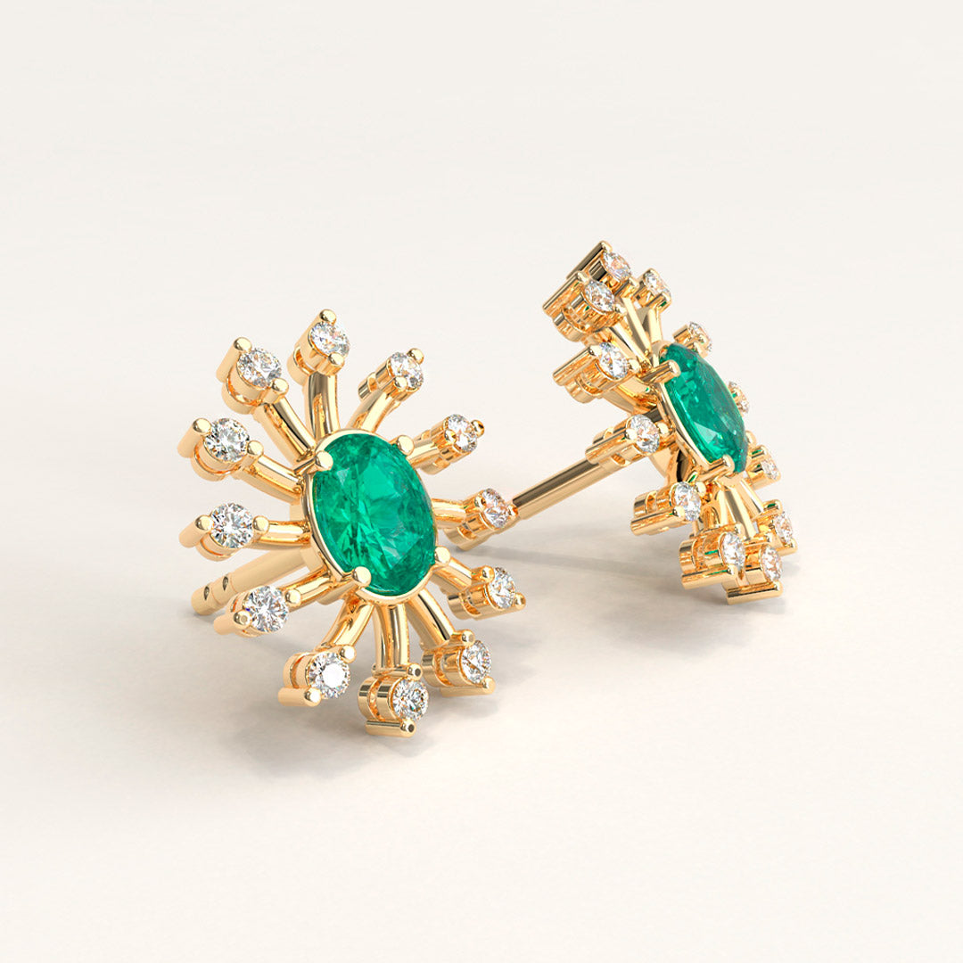 Gold Cocktail Earrings with Oval Colombian Emerald and Diamonds