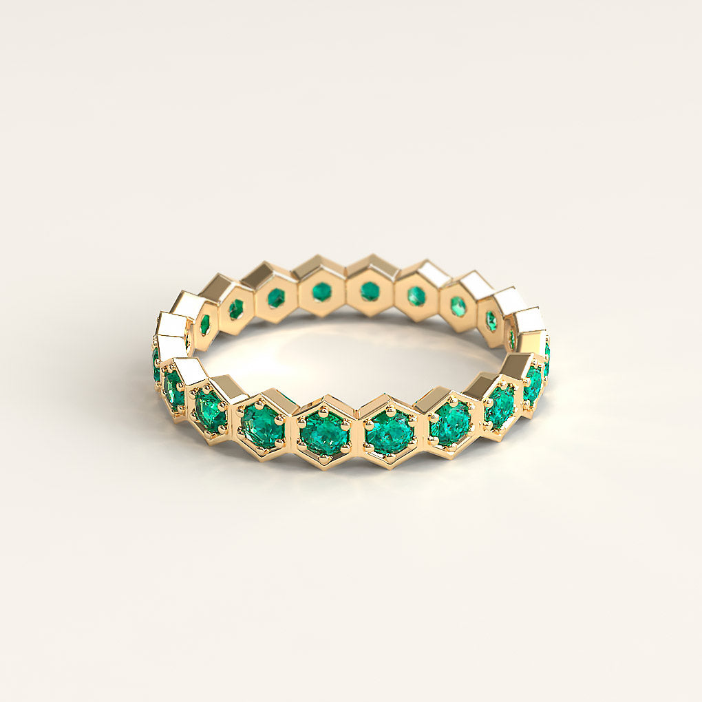 Hexagon Yellow Gold Band with Emeralds