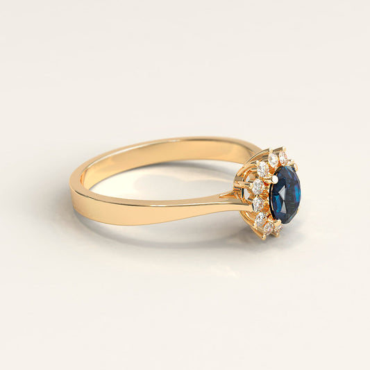 18k Gold Sapphire and Halo Diamond Ring