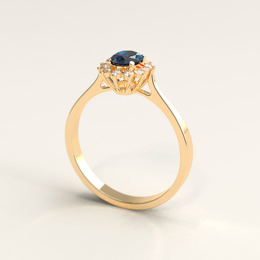 18k Gold Sapphire and Halo Diamond Ring
