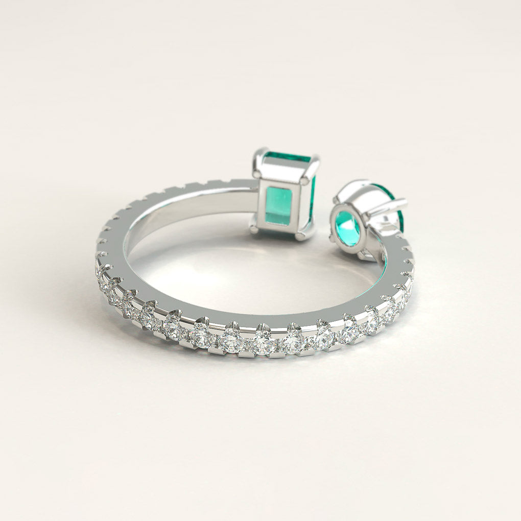 18K White Gold Colombian Square and Round Emerald Cocktail Ring