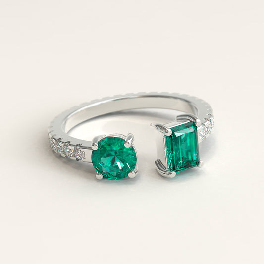 18K White Gold Colombian Square and Round Emerald Cocktail Ring