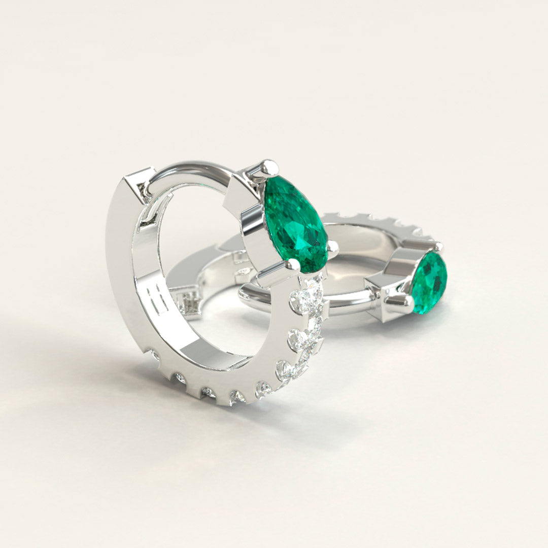 White Gold and Colombian Emeralds Pear Cut Mini Hoops