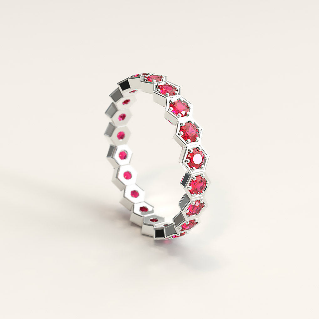 Hexagon White Gold Band with Rubies