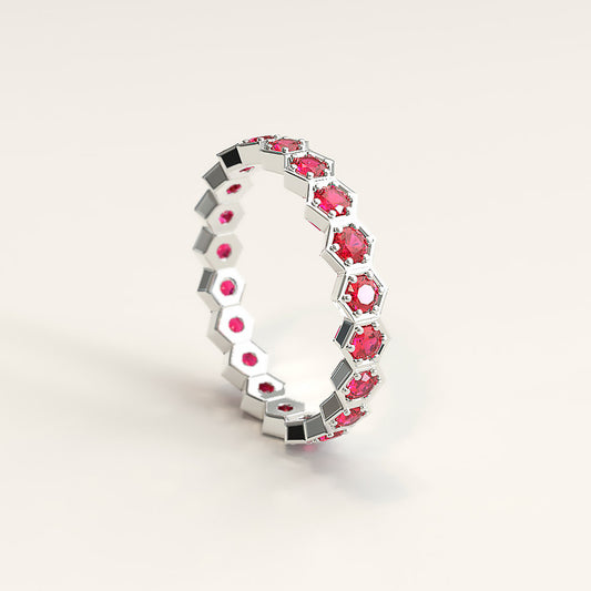Hexagon White Gold Band with Rubies