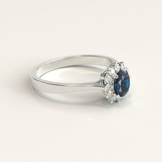 18k White Gold Sapphire and Halo Diamond Ring