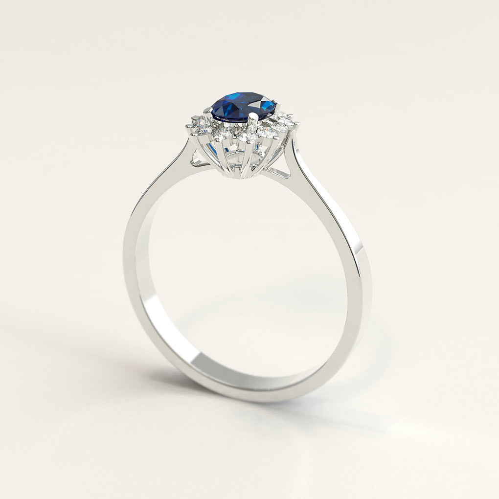 18k White Gold Sapphire and Halo Diamond Ring