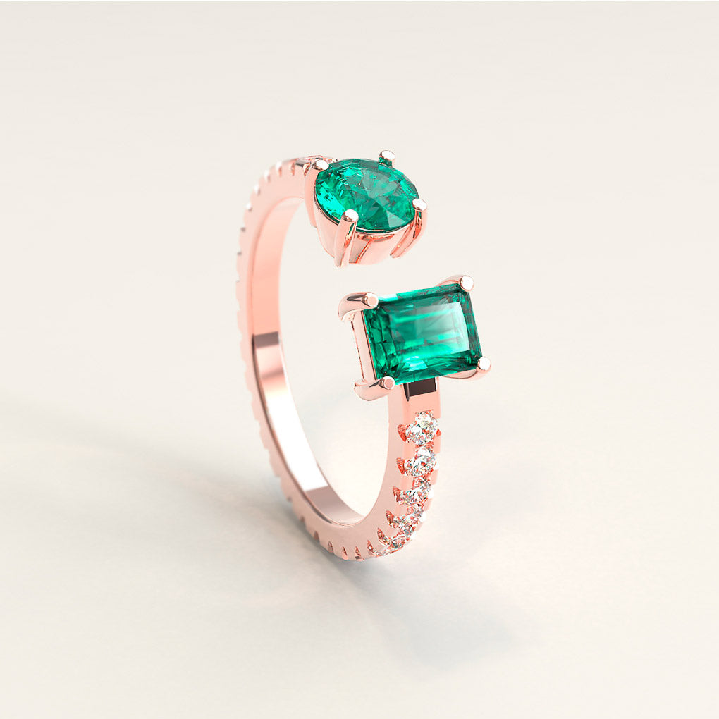 18K Rose Gold Colombian Square and Round Emerald Cocktail Ring