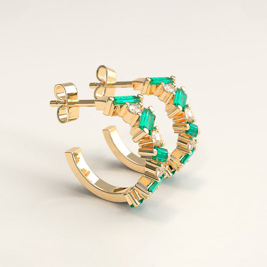 Yellow Gold Diamond Fantasy C Hoops with Emerald