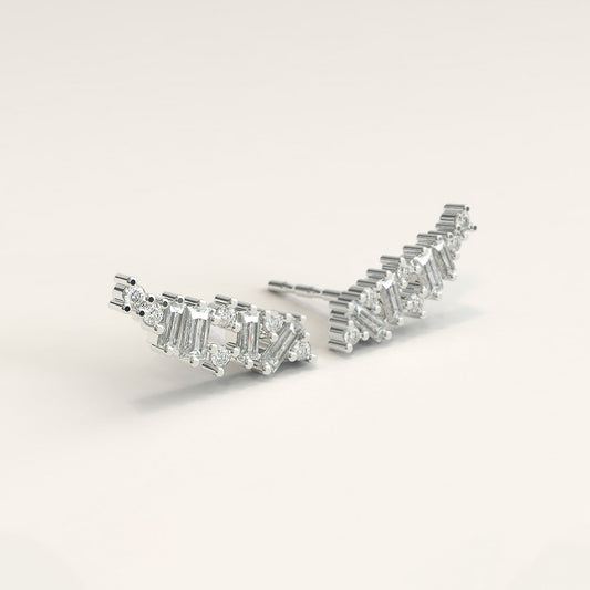 18k White Gold Ear Crawlers with Baguettes and Round Diamonds