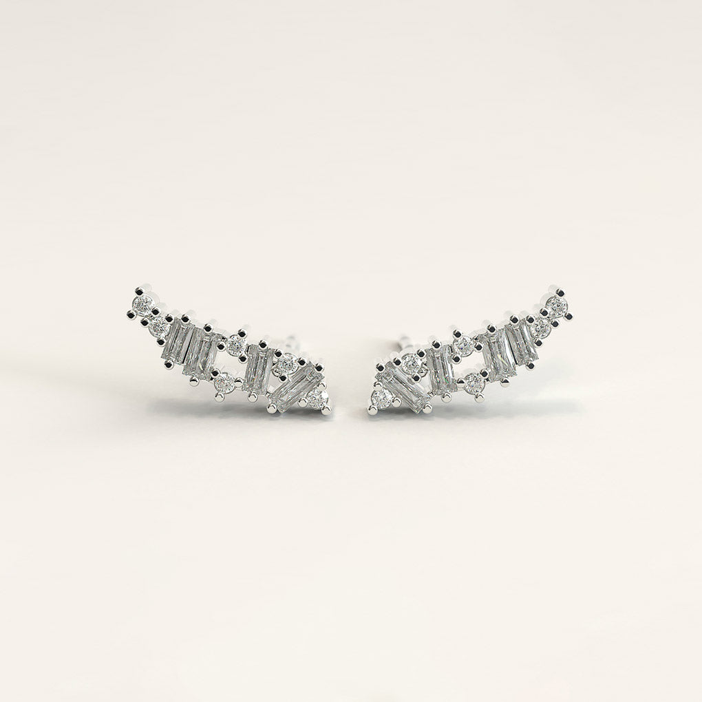 18k White Gold Ear Crawlers with Baguettes and Round Diamonds