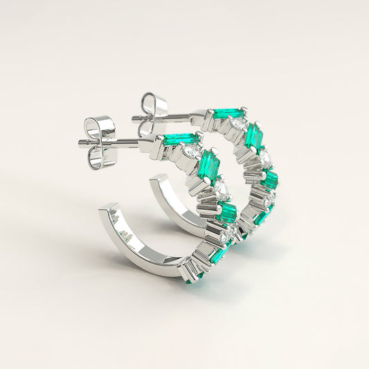 18k Gold Diamond Fantasy C Hoops with Emerald