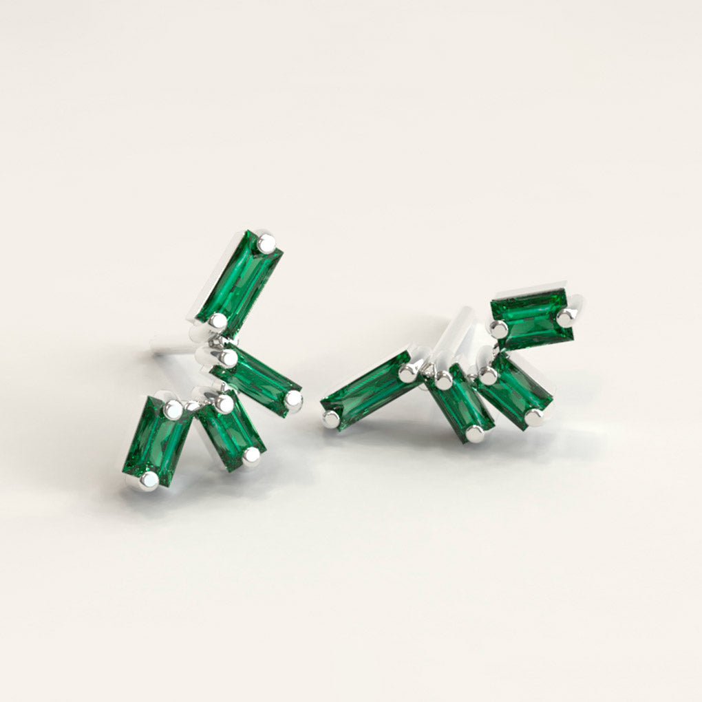 18K White Gold Emerald Baguette Cluster Earrings