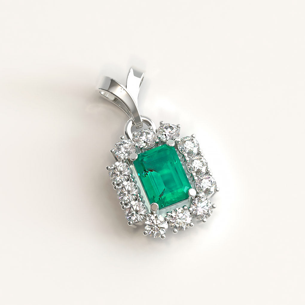 18k White Gold Colombian Emerald and Diamonds Pendant