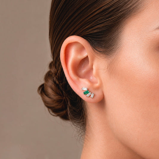 Cadence Earrings in 18k white gold — Colombian emerald and baguette diamond fan stud earrings, 1Em Collection by GOHI on it