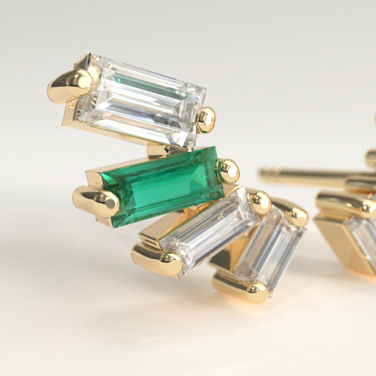 Cadence Earrings in 18k yellow gold — Colombian emerald and baguette diamond fan stud earrings, 1Em Collection by GOHI zoom