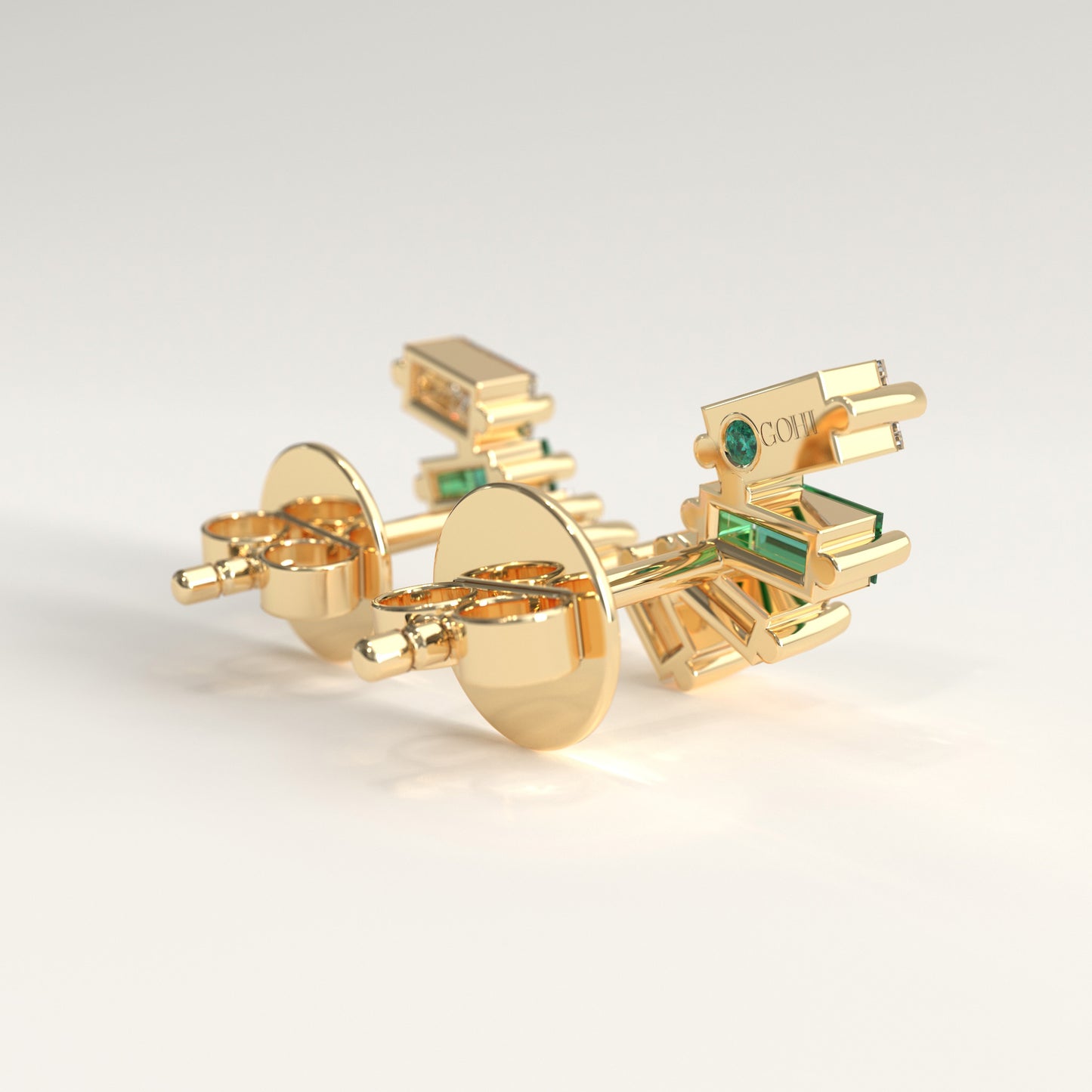 Cadence Earrings in 18k yellow gold — Colombian emerald and baguette diamond fan stud earrings, 1Em Collection by GOHI back