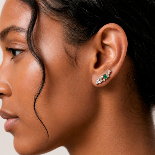 Crest Earrings | Colombian Emerald & Baguette Diamond Ear Climbers