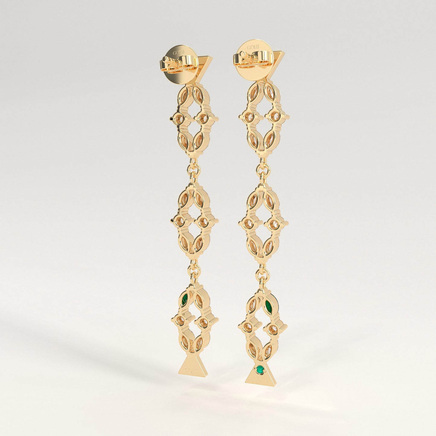 Flourish Earrings in 18k yellow gold — Colombian emerald and marquise diamond long drop earrings, 1Em Collection by GOHI back