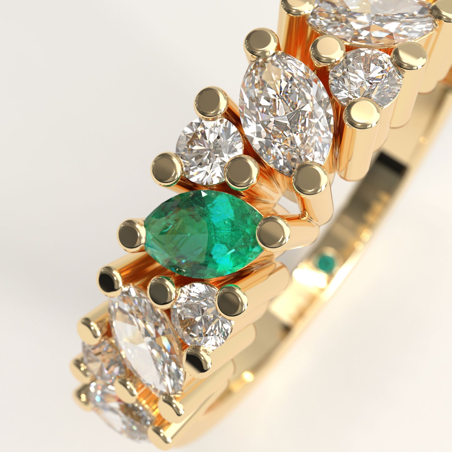 Flourish Ring in 18k yellow gold — Colombian emerald and marquise diamond band, 1Em Collection by GOHI zoom