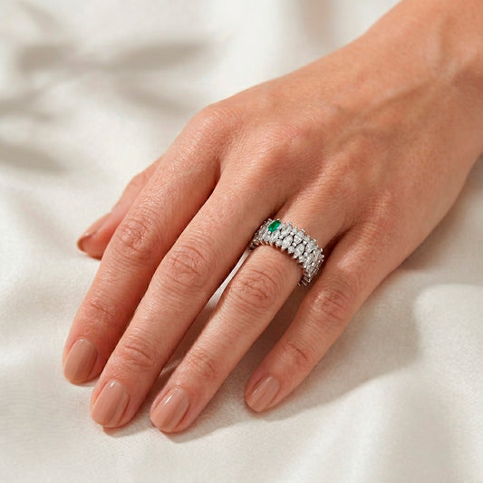 Garland Ring in 18k white gold — Colombian emerald and double row marquise diamond band, 1Em Collection by GOHI ring on