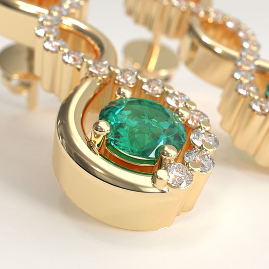 Interlude Earrings in 18k yellow gold — Colombian emerald and round diamond twisted drop earrings, 1Em Collection by GOHI zoom