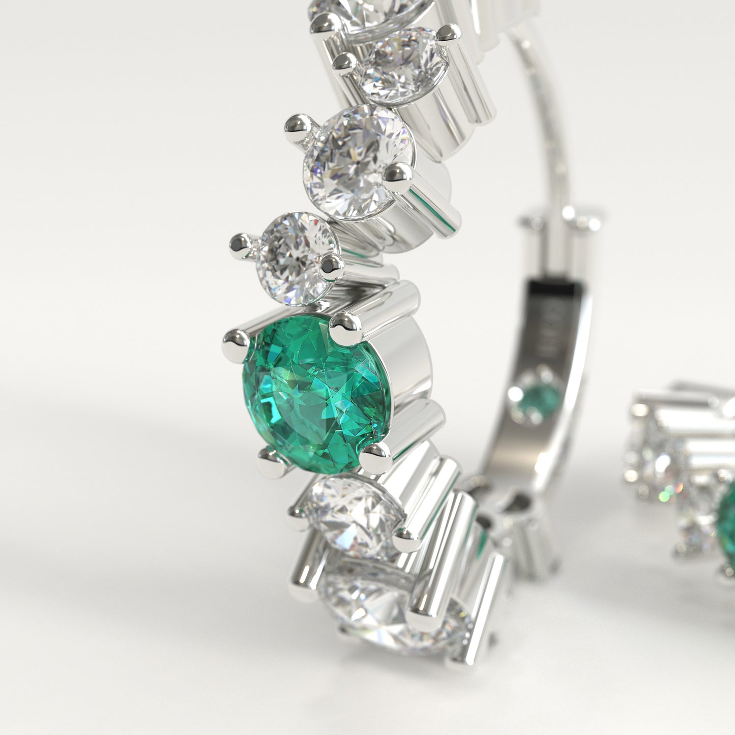 Meridian Earrings in 18k white gold — Colombian emerald and graduated round diamond hoop earrings, 1Em Collection by GOHI zoom