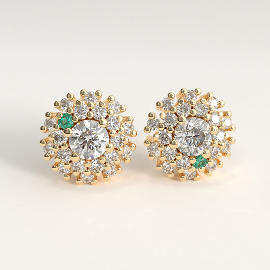 Stratum Earrings in 18k yellow gold — Colombian emerald and double halo round diamond cluster stud earrings, 1Em Collection by GOHI