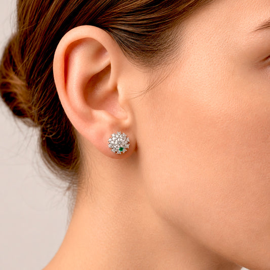 Stratum Earrings in 18k white gold — Colombian emerald and double halo round diamond cluster stud earrings, 1Em Collection by GOHI model