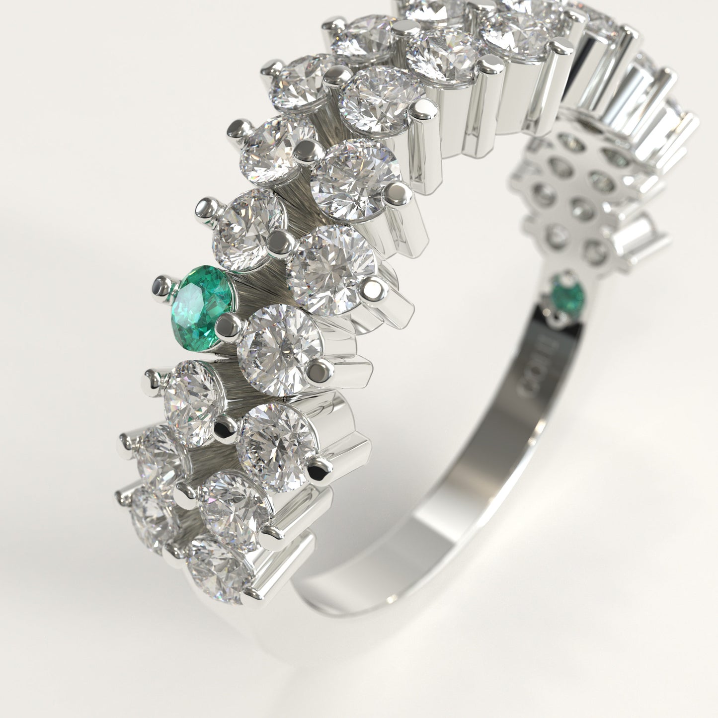 Stratum Ring in 18k white gold — Colombian emerald and double row round diamond band, 1Em Collection by GOHI zoom