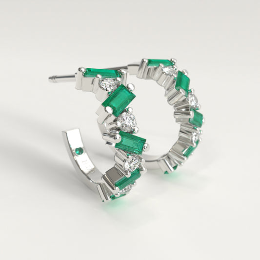 Shift Earrings in 18k white gold — Colombian emerald baguettes and round diamonds in alternating hoop earrings, Fault Line Collection by GOHI LATeral