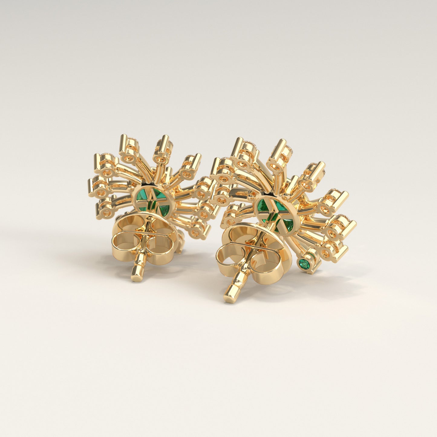 Back view of Nova Earrings showing hidden Colombian emerald beside GOHI signature, 18k yellow gold