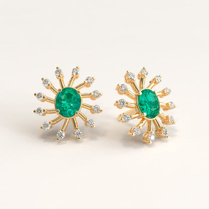 Gold Cocktail Earrings with Oval Colombian Emerald and Diamonds