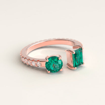 18K Rose Gold Colombian Square and Round Emerald Cocktail Ring