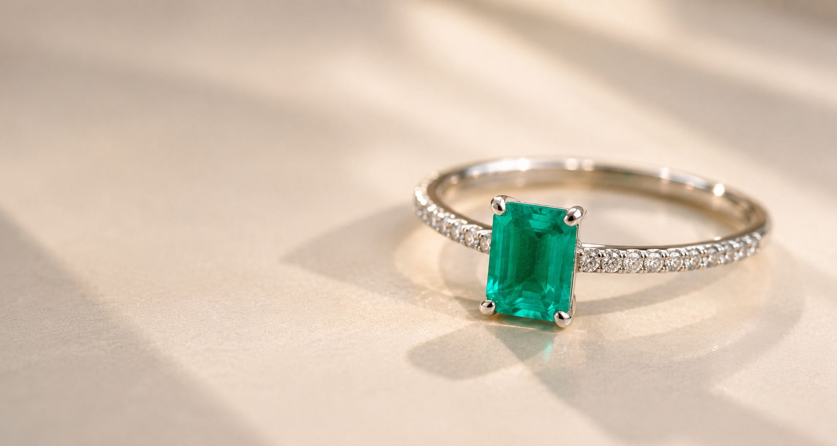 Engagement ring with colombian emerald and natural diamonds  and fairmined 18k white gold