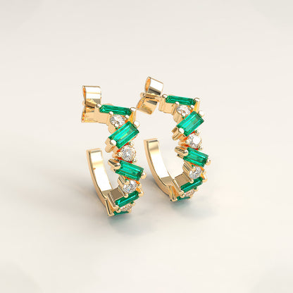Yellow Gold Diamond Fantasy C Hoops with Emerald