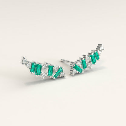18k Gold Ear Climbers with Emerald Baguettes and Round Diamonds