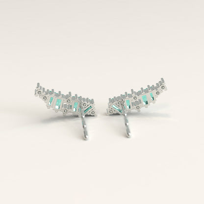 18k Gold Ear Climbers with Emerald Baguettes and Round Diamonds