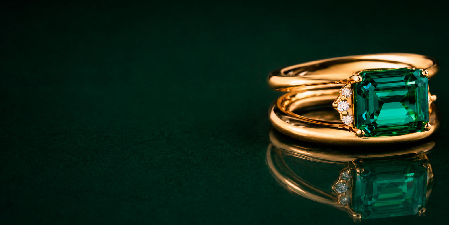 A gold ring featuring a large emerald-cut green gemstone, accented with Diamonds on the sides, set against a dark green reflective background.