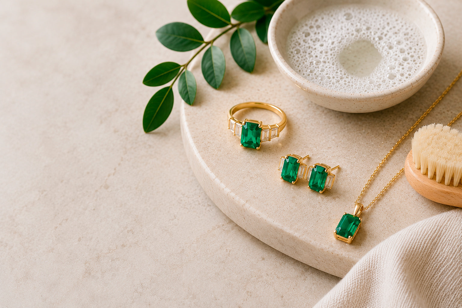 Cleaning a Colombian emerald ring with a soft cloth and mild soap