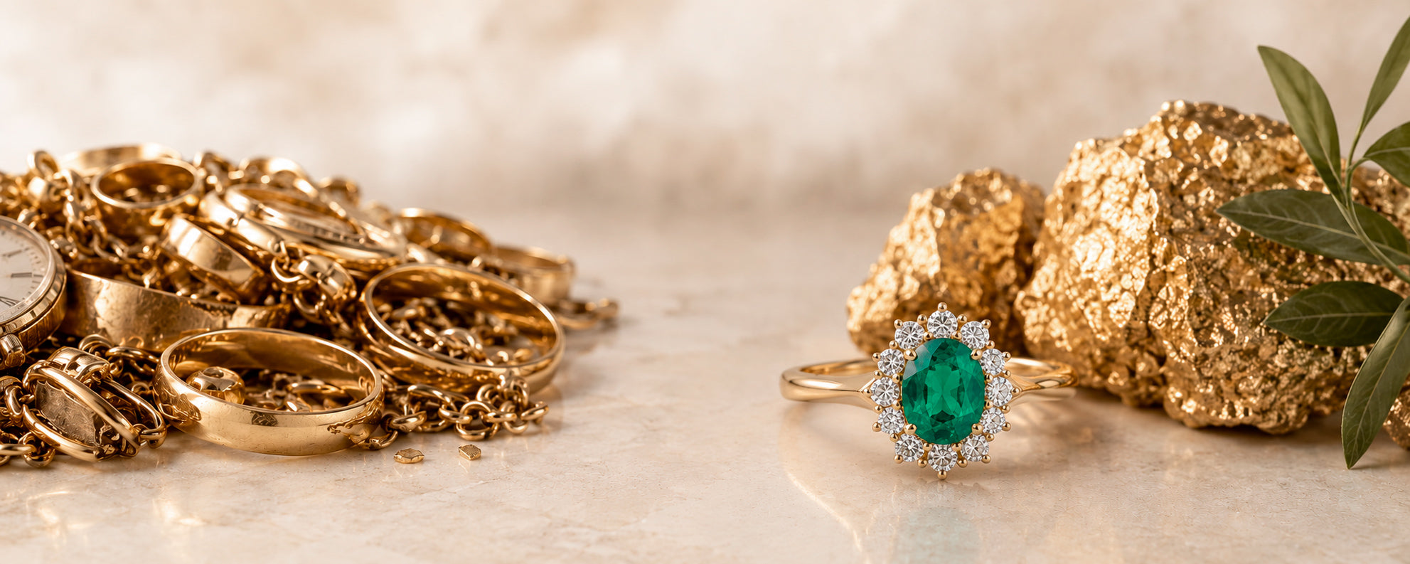 A gold ring with a round green emerald center stone and a halo of small diamonds, styled on a light marble surface next to a pile of gold jewelry and textured gold rocks.