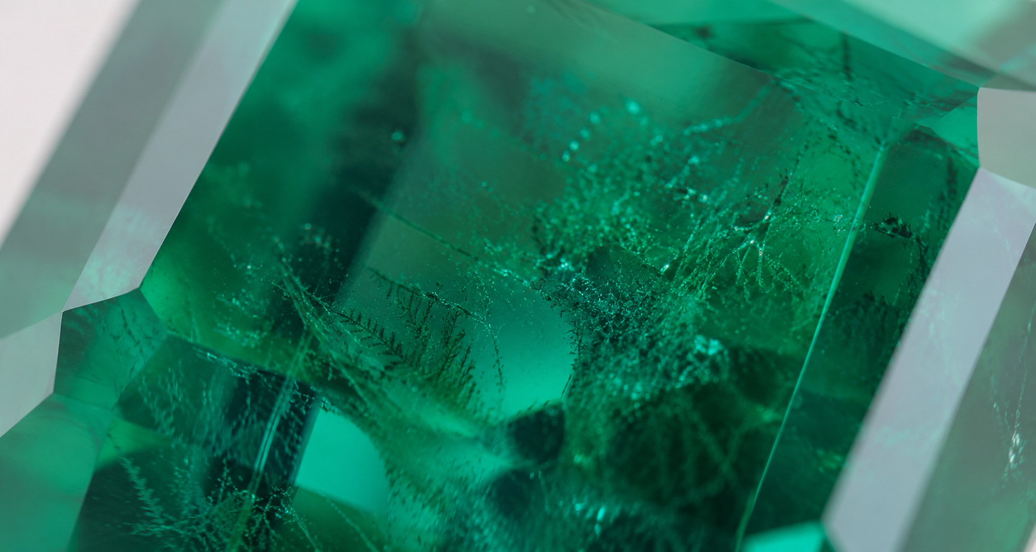 A close-up of a faceted green gemstone with visible internal inclusions and a white setting or border.