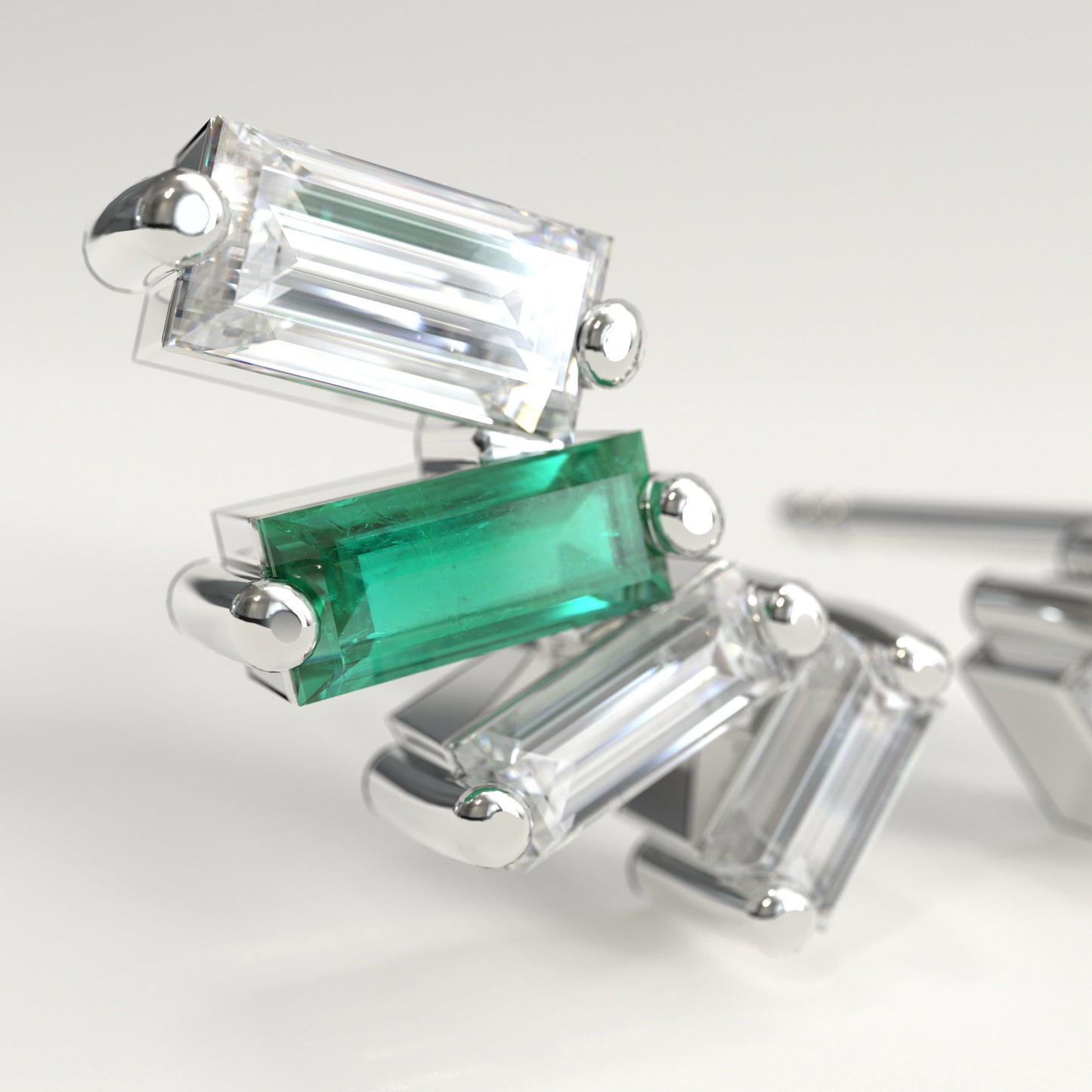Cadence Earrings in 18k white gold — Colombian emerald and baguette diamond fan stud earrings, 1Em Collection by GOHI zoom