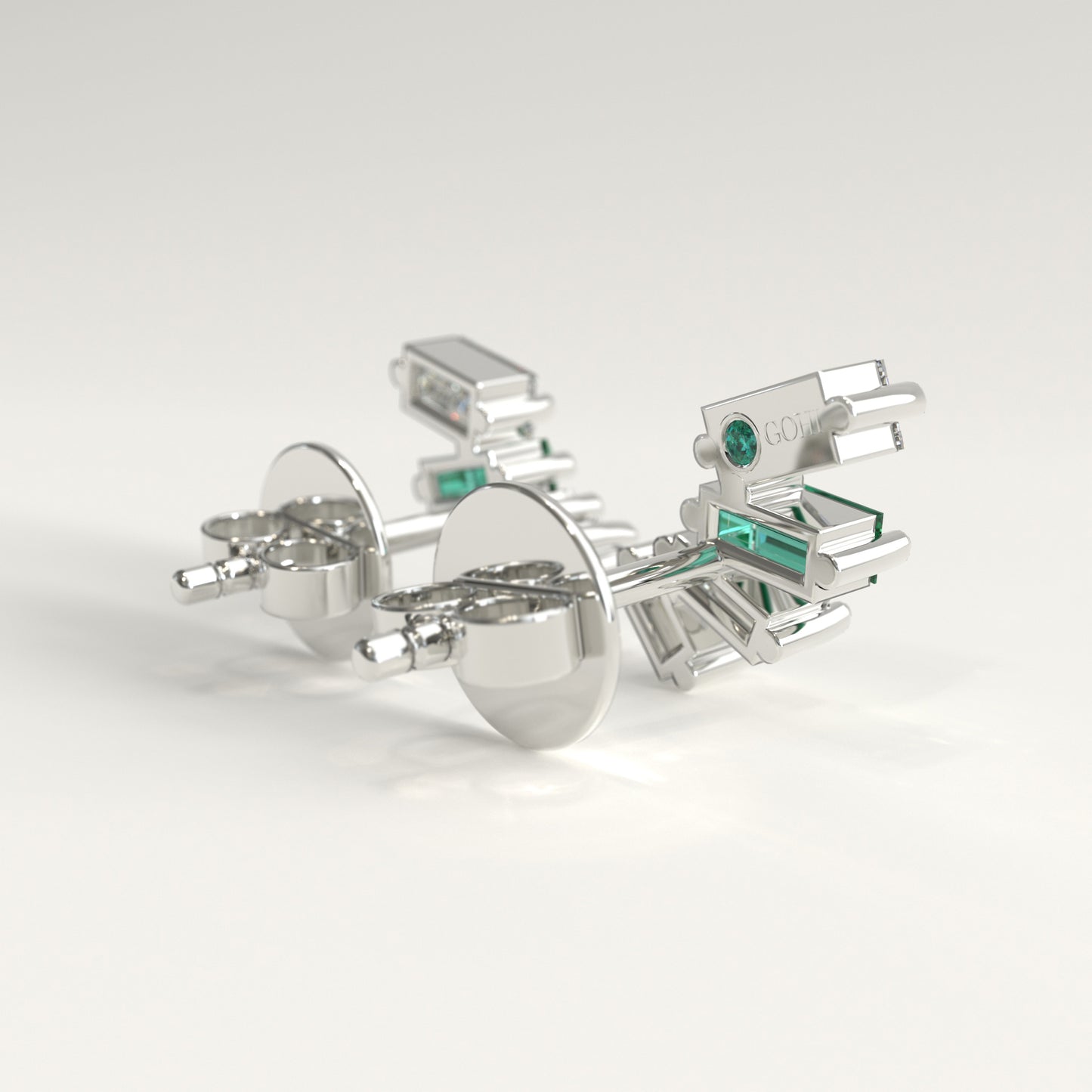 Cadence Earrings in 18k white gold — Colombian emerald and baguette diamond fan stud earrings, 1Em Collection by GOHI back