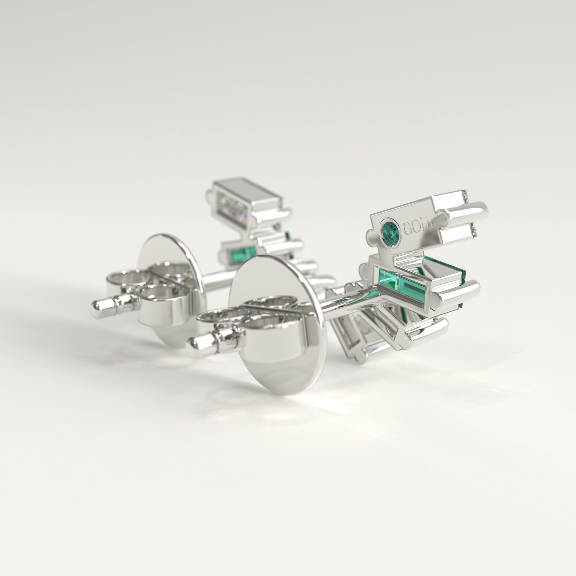Cadence Earrings in 18k white gold — Colombian emerald and baguette diamond fan stud earrings, 1Em Collection by GOHI back