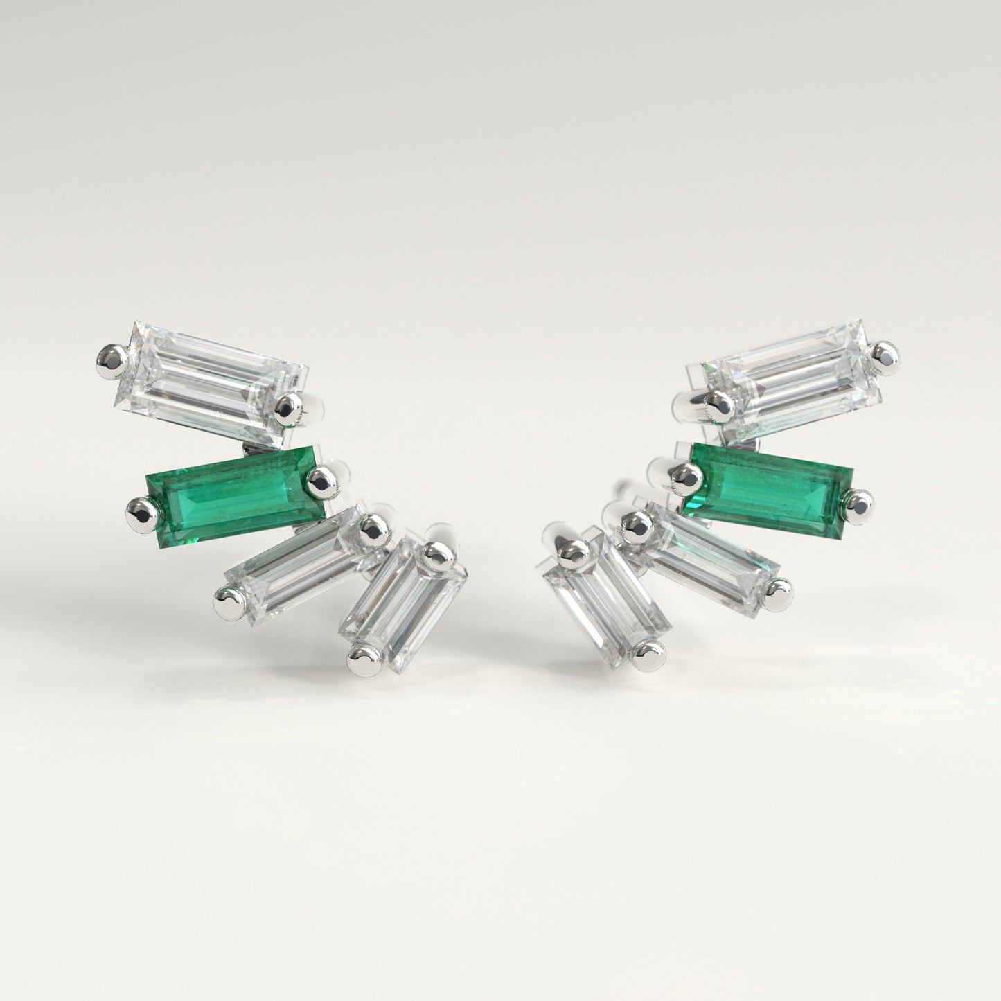 Cadence Earrings in 18k white gold — Colombian emerald and baguette diamond fan stud earrings, 1Em Collection by GOHI