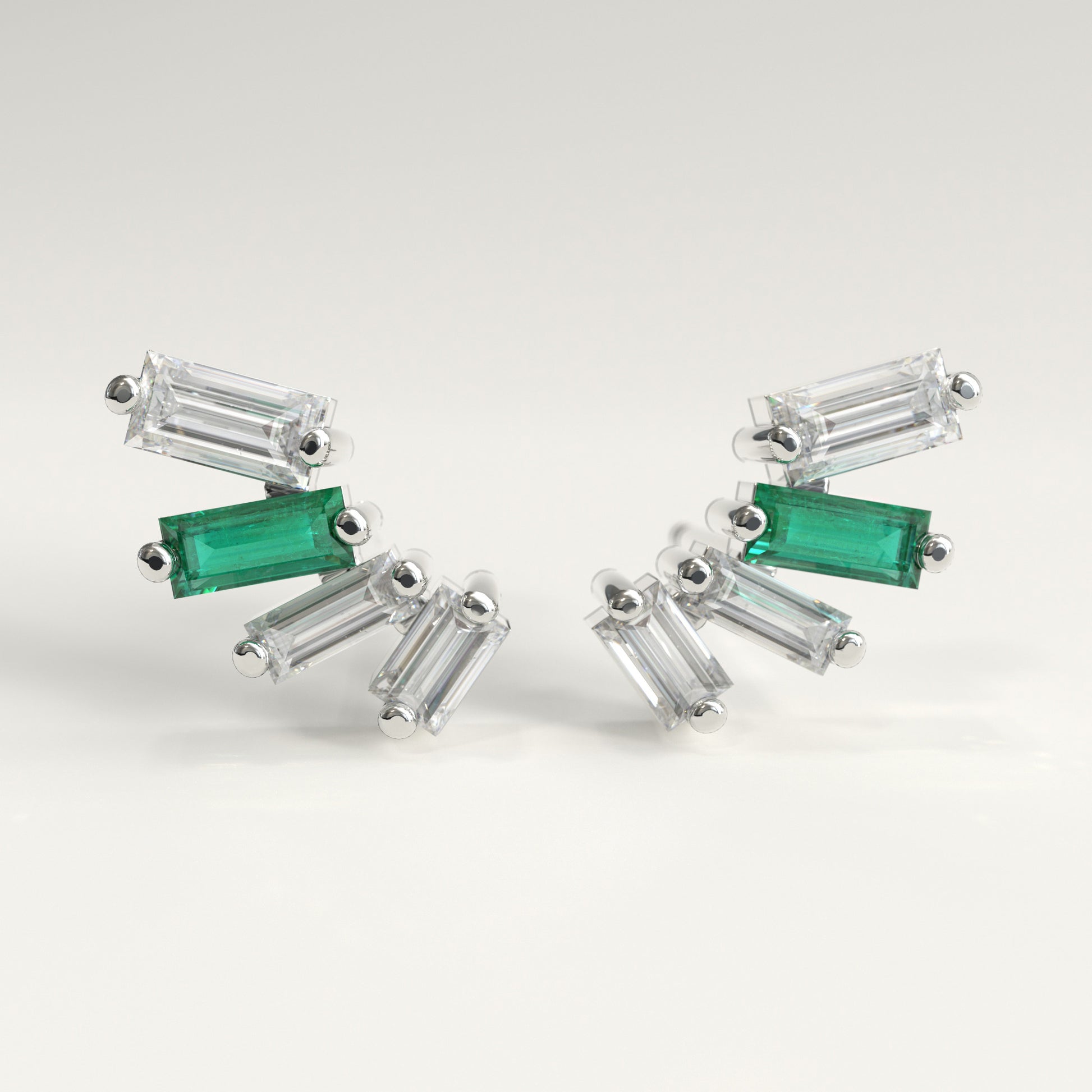 Cadence Earrings in 18k white gold — Colombian emerald and baguette diamond fan stud earrings, 1Em Collection by GOHI