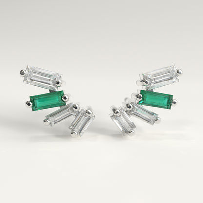 Cadence Earrings in 18k white gold — Colombian emerald and baguette diamond fan stud earrings, 1Em Collection by GOHI